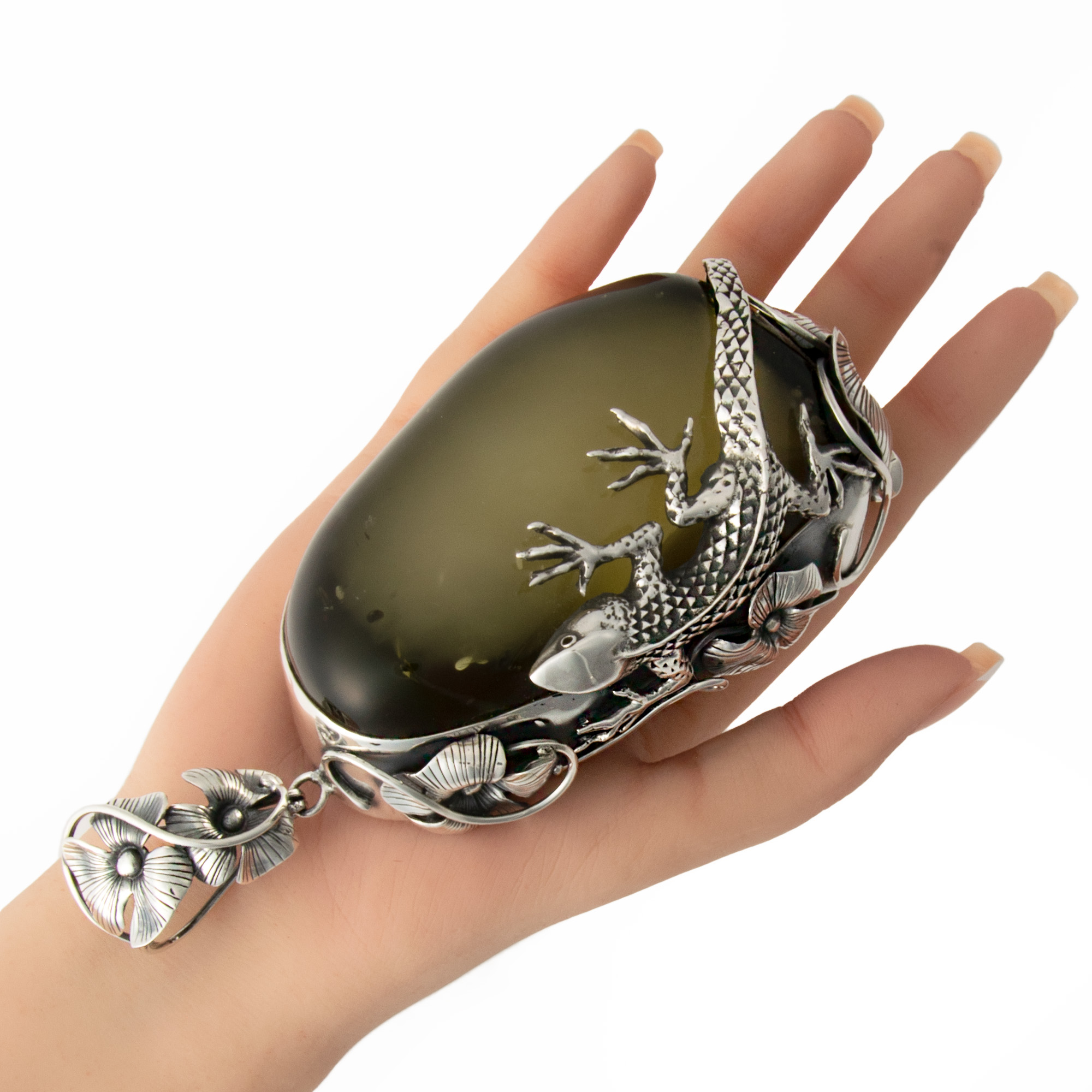 Huge Heavy Sterling Silver and Natural Baltic Amber Lizard Pendant 2